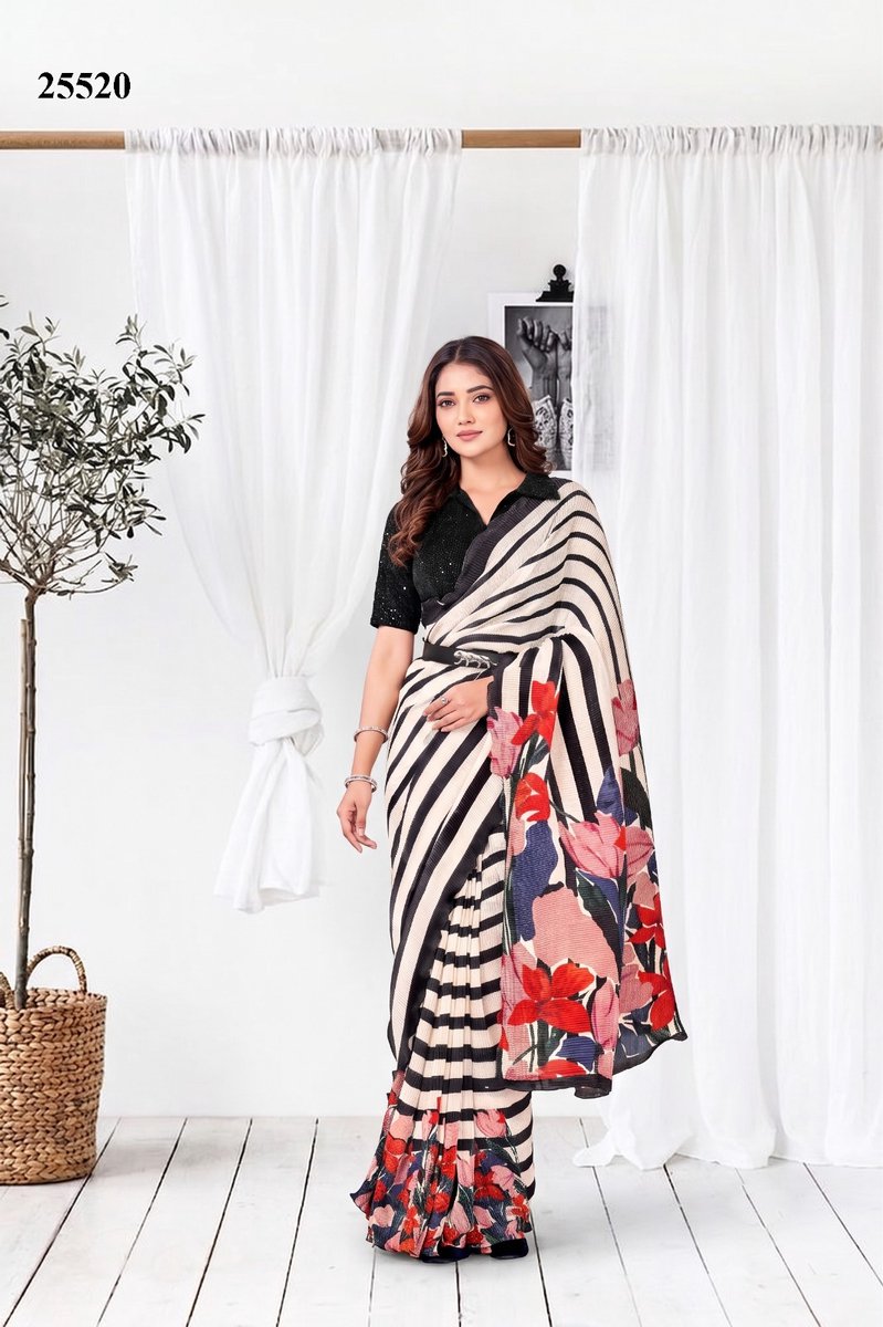 Simhera Threads Women's Black & White Striped Floral Print Saree