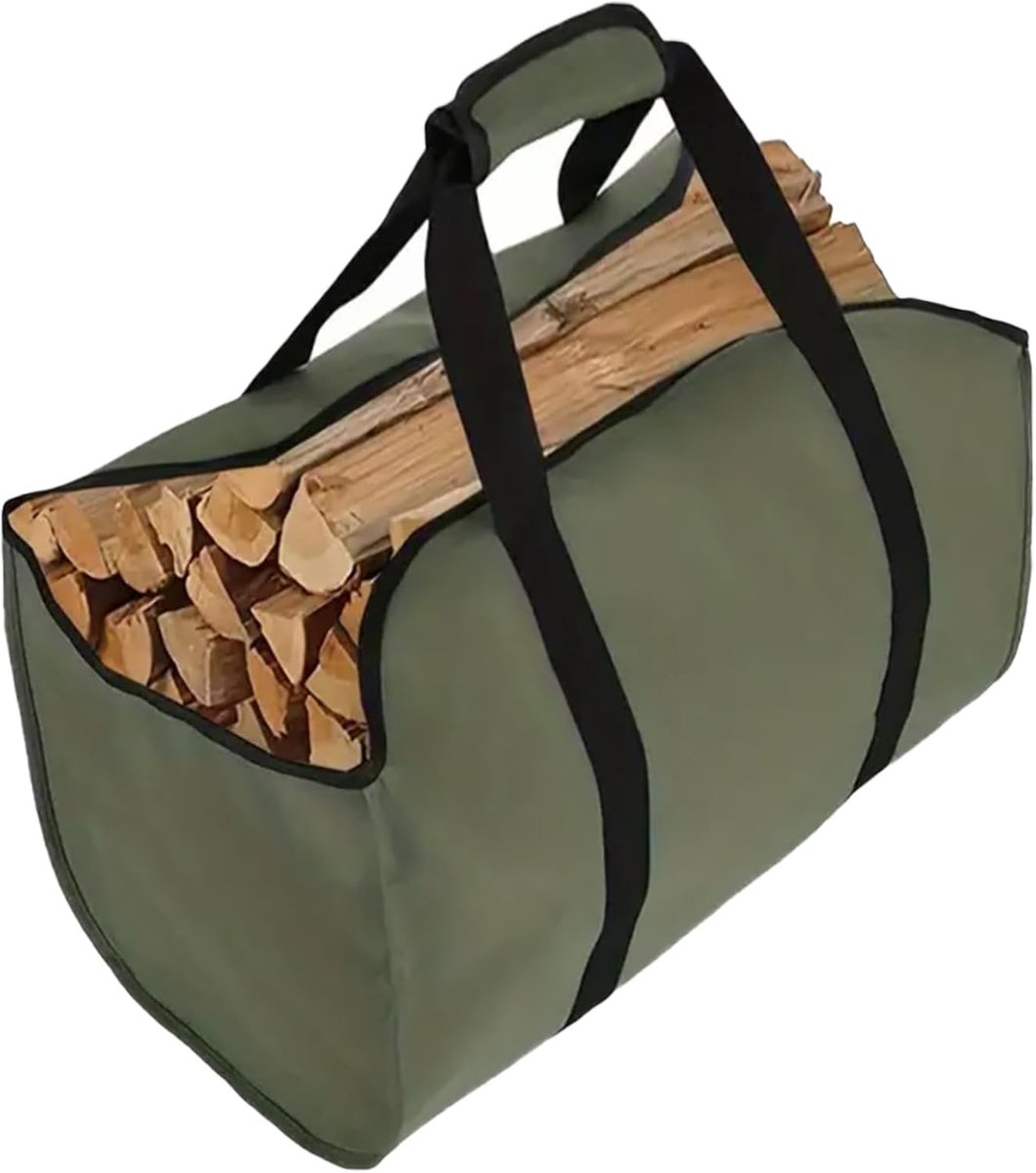 Haardhout Draagtas – Polyester Houttas voor Brandhout – Opvouwbare Haardhoutmand – Waterafstotende Houtzak met Handgrepen – Ruime Houtopslag en Transport – 58,4 x 33 x 40,6 cm – Legergroen
