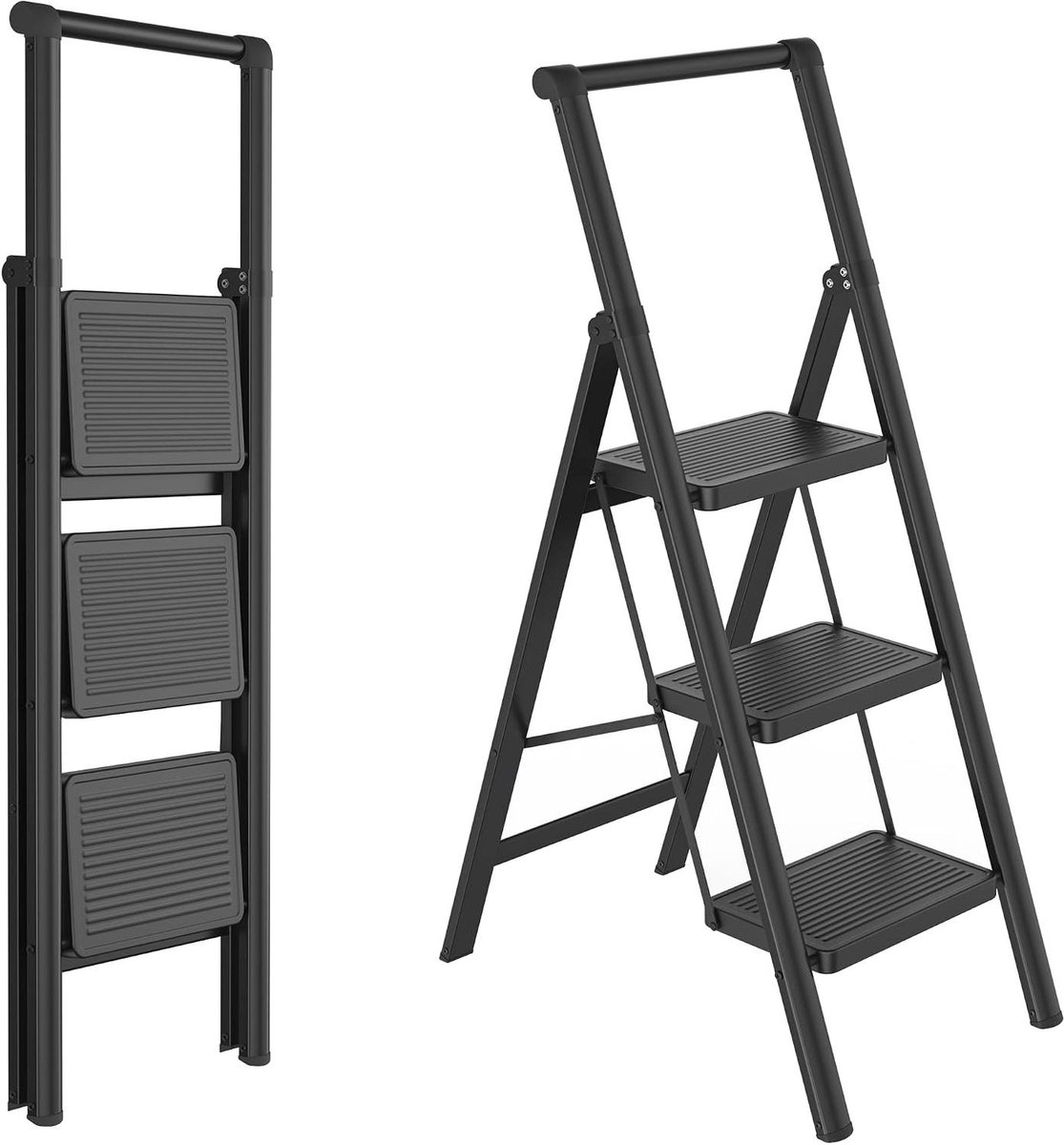 Trapladder 3 treden - Vouwladder huishouden - Veilig klussen thuis - Extra brede treden - 270 kg belastbaar - Zwart
