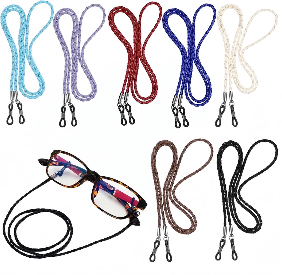 7 Stuks Gevlochten Lederen Brillen Bandjes Antislip Unisex Brillen Ketting voor Zonnebril en Lezen Buitensporten