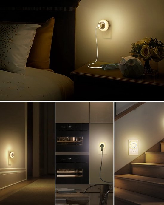 Nachtlampje met sensor - Stekkerlampje LED - Veilig donkere ruimtes - Instelbare helderheid - Stopcontact verlengstuk - Warm wit — afbeelding 4