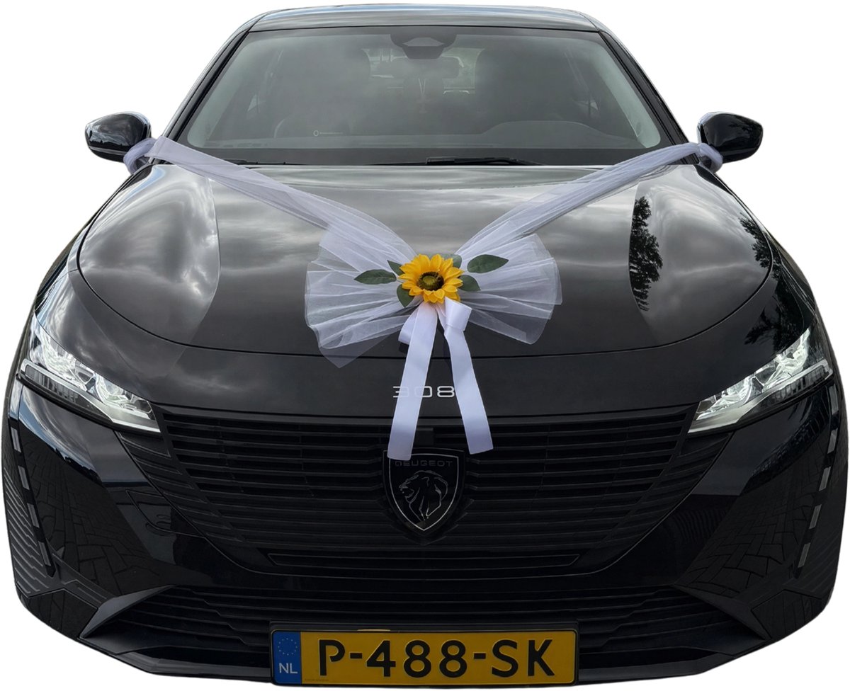 SORAYA Trouwauto Versiering - Autoslinger Zonnebloem - Tule met Zonnebloem Bruidsauto - Auto Versieren met Zonnebloem en Tule - Zijden Zonnebloem Bruidsauto - Autodecoratie Bruiloft Zonnebloem - Bruidsauto Versiering Kunstbloem Zonnebloem