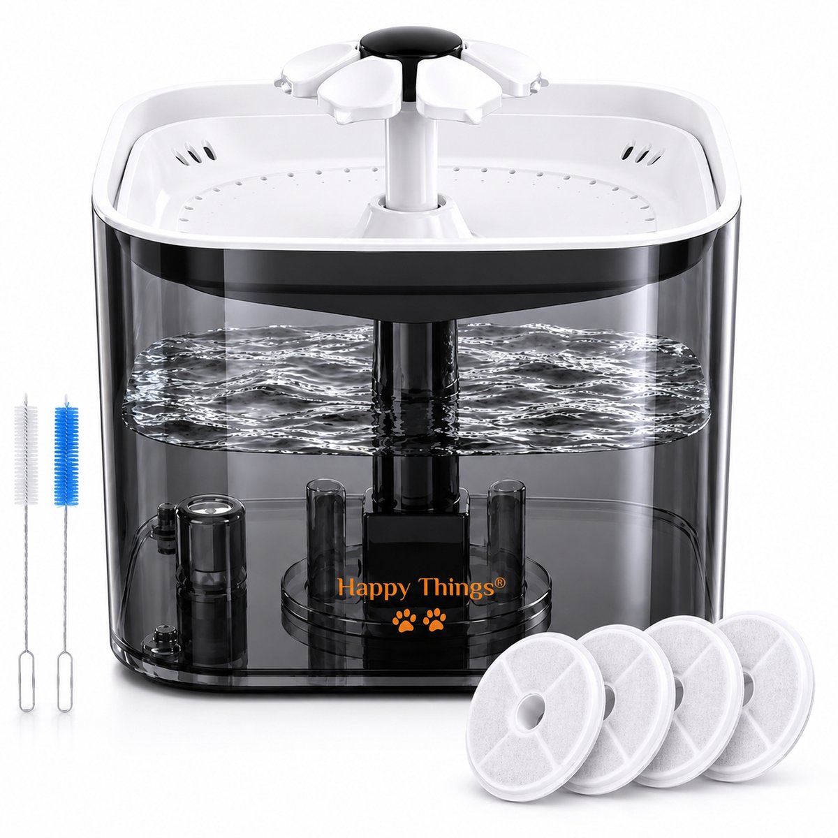 Bol.com Happy Things® - Drinkfontein Kat en Hond - Fluisterstil - 2.5 L - Transparant Zwart met Goud - incl 4 Filters - Waterfon... aanbieding