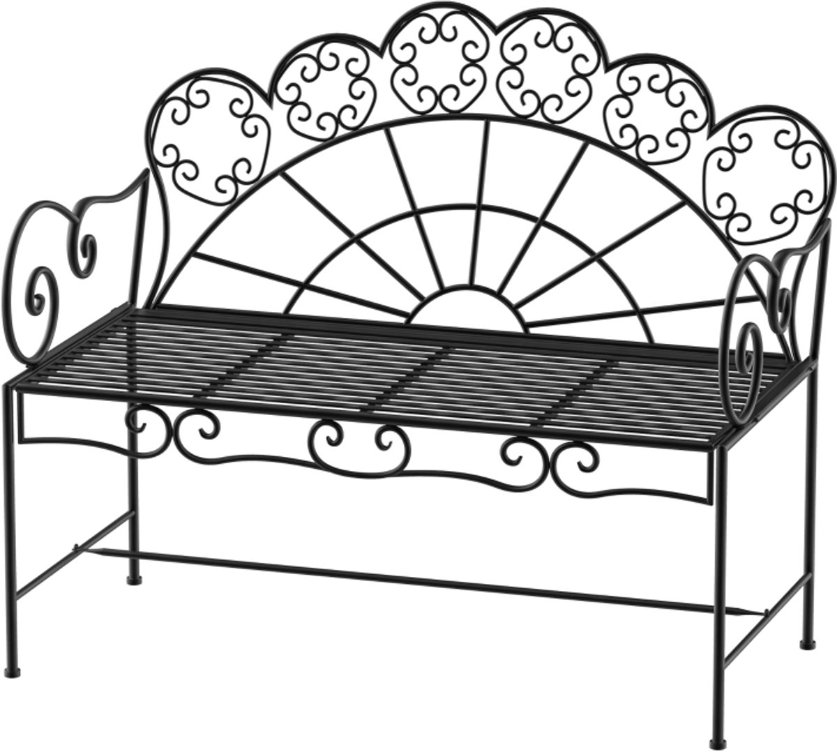 Tuinbank 107 × 55,5 × 90,5 cm zwart metaal buitenstoel dubbele zitbank stoel fauteuil relaxstoel 2-zits ontwerp met elegante opengewerkte structuur stabiele en duurzame constructie geschikt voor tuin terras balkon en buitenruimte