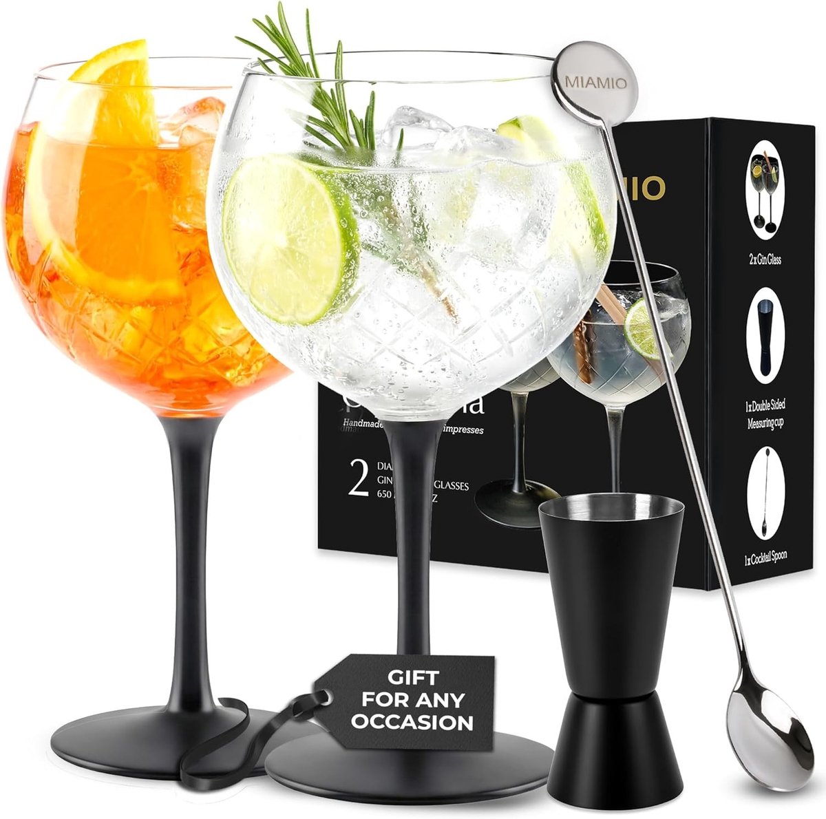 Set van 2 Gin Glazen - Matzwart - 650 ml - Handgemaakt Kristalglas - Voor Cocktails en Drankjes
