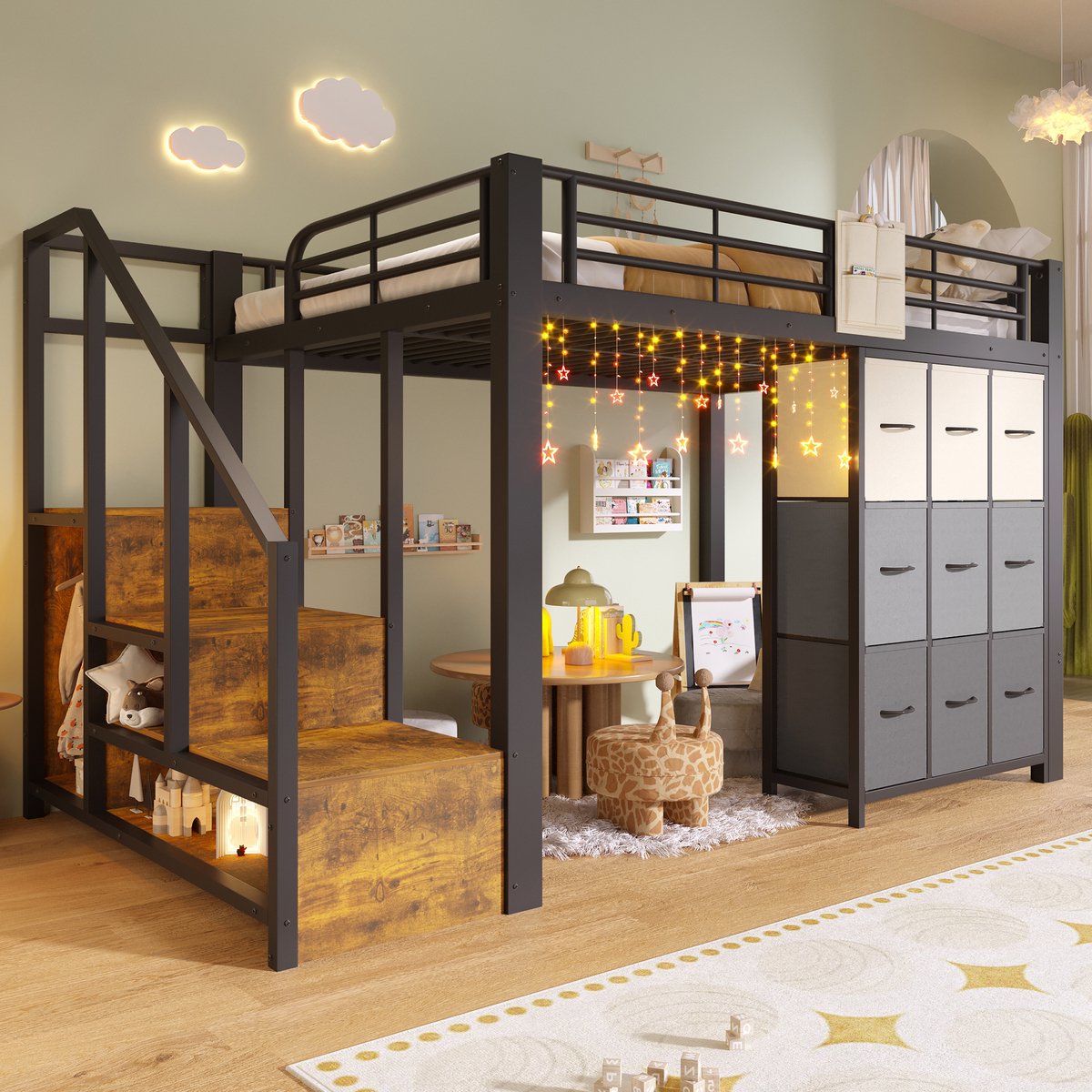 Wishdor Hoogslaper 140x200 cm - Met trap en opbergruimte - Metaal en MDF - Zwart - Met kledingstang, lades, valbeveiliging en ruimte onder het bed