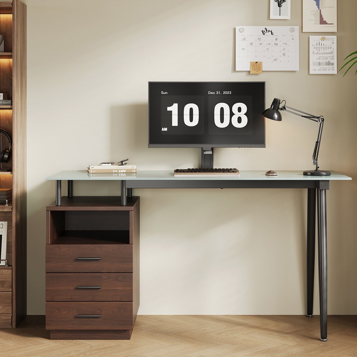 Wishdor Bureau - Met gehard glasblad en 3 lades - Open opbergvak - Modern minimalistisch - Mdf en metaal - Voor kantoor en thuiswerkplek - Bruin - 130 x 50 x 75 cm