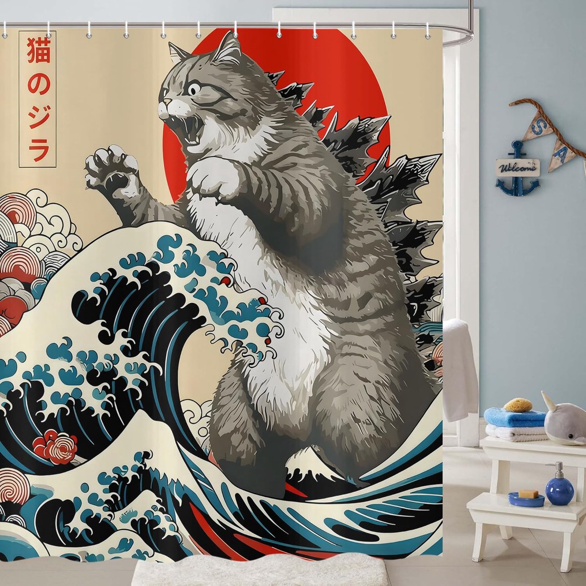 Douchegordijn 120 x 200 cm - Japanse kat - vintage ontwerp - waterdicht en wasbaar - ShopVlot