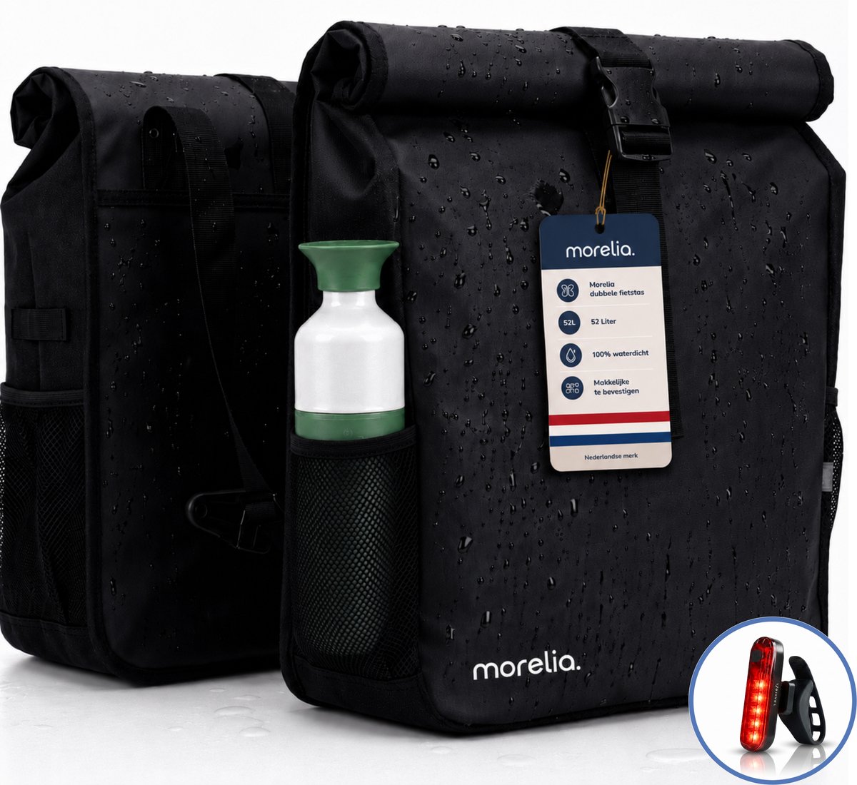 Morelia® Fietstas Dubbele Rolltop (52 Liter Zwart) - 100% Waterdicht - Incl Achterlicht - Fietstassen - Fietstassen Electrische Fietsen - Fietstassen Dubbel - Tarpaulin materiaal
