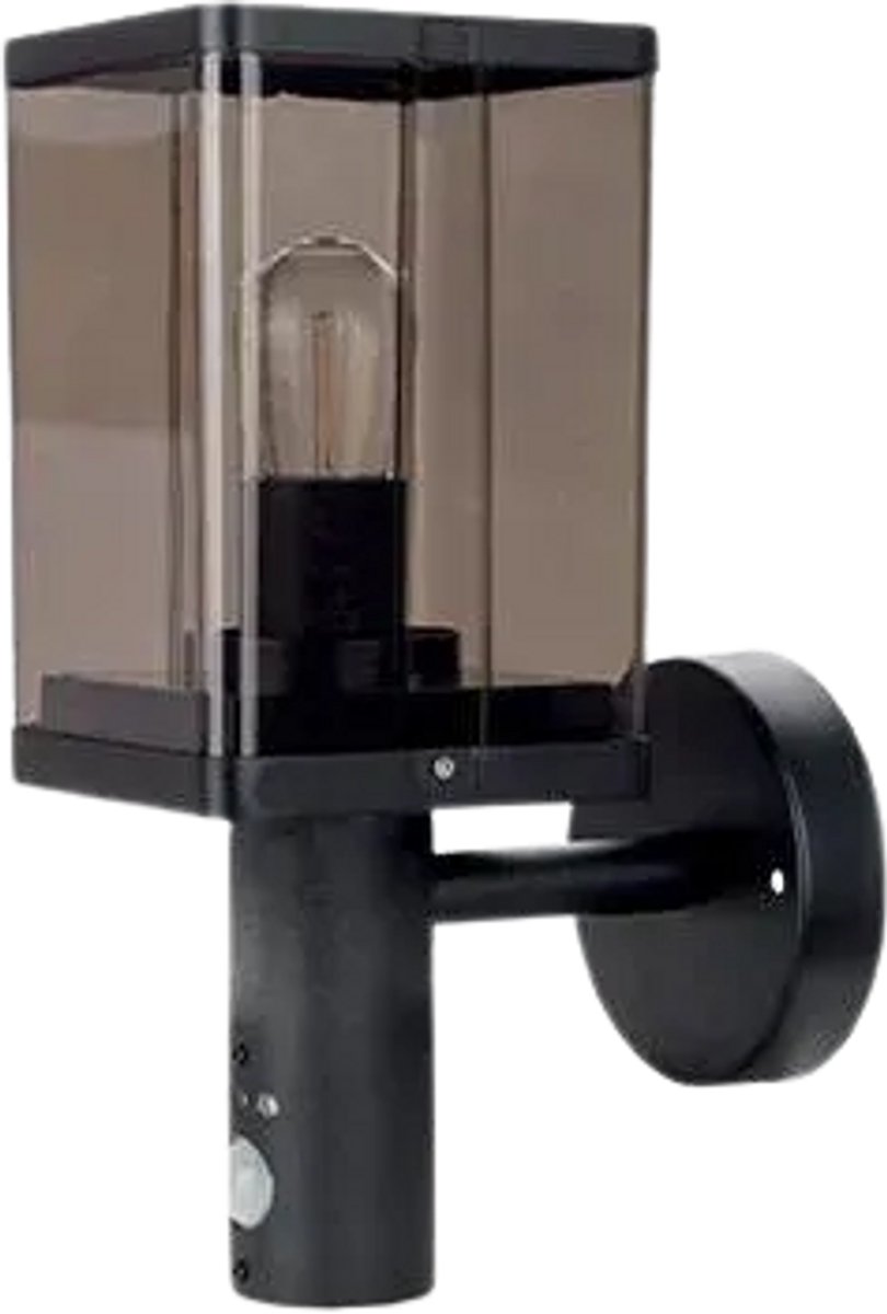 Wandlamp Buiten - zwart met bewegingssensor – E27 fitting – IP44 – rookglas