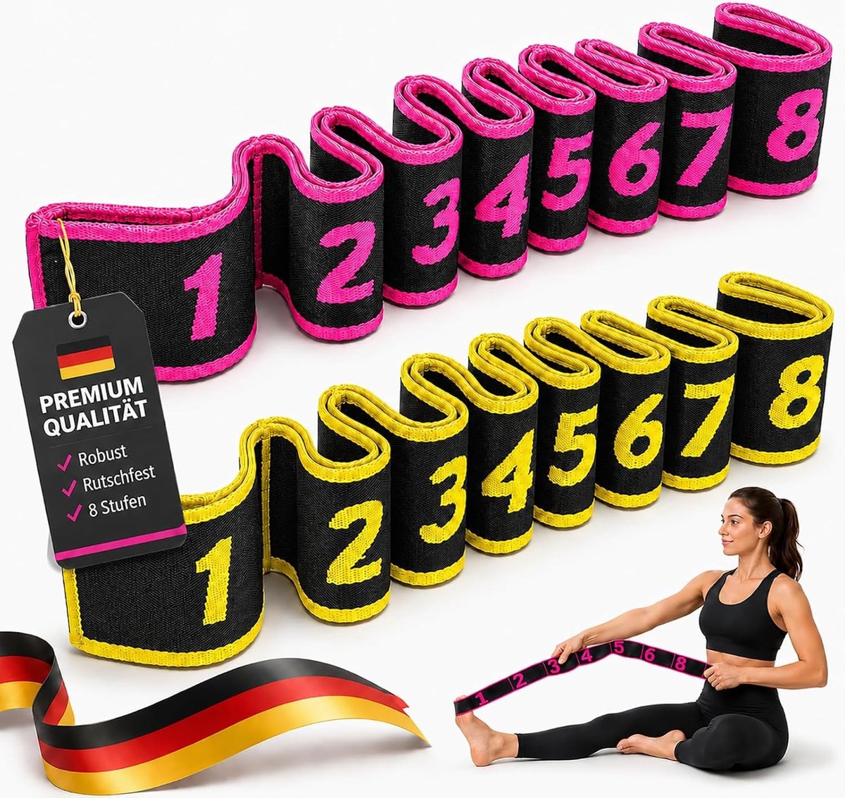 Set van 2 Elastische Yoga Bands, Verstelbare Fitnessriem voor Stretching, Dans en Gymnastiek, Ideaal voor Thuis Workout en Sportactiviteiten (Roze + Geel)