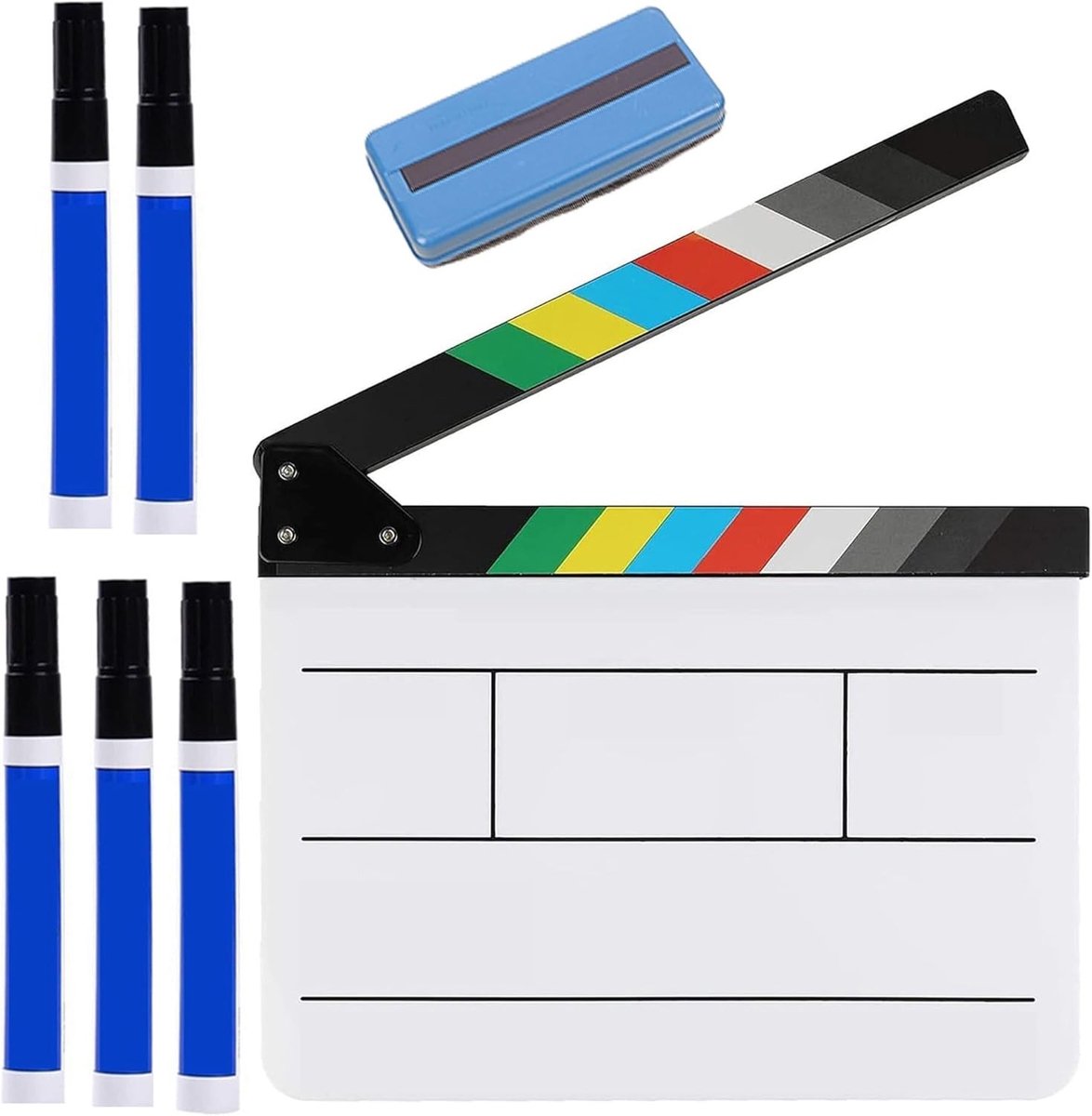 Kleurrijke 7-delige Acryl Filmklapbord Set met 5 Markers en Bordveger, Perfect voor Filmmakers en Creatieve Projecten, 20x20 cm