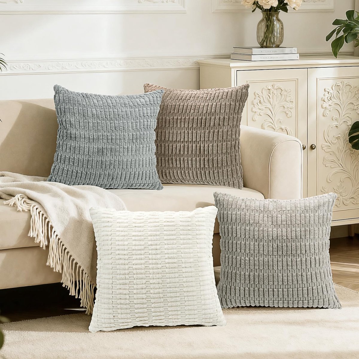 Kussenhoezen 40 x 40 cm Set van 4 - Zacht Ribfluweel - Boho Stijl - Perfect voor Woonkamer - ShopVlot