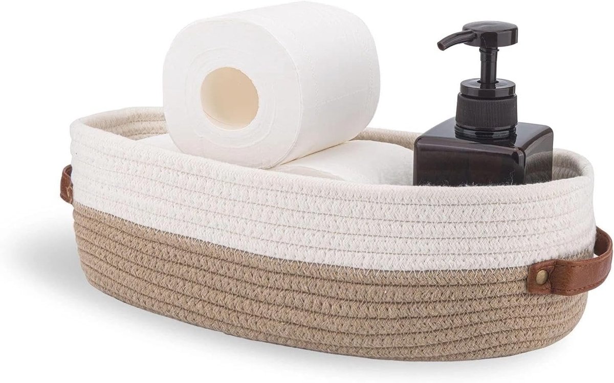 Multifunctionele opbergmand van gevlochten katoenen touw, 33 x 15 x 10 cm, ideaal voor badkamer, slaapkamer en woonkamer, stijlvol kaki met wit