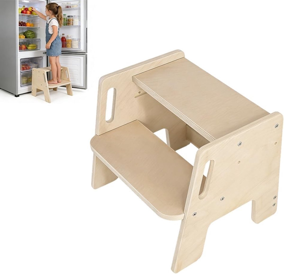 2-Traps Houten Kinderkruk met Handvatten, Antislip Ontwerp, Tot 100 kg Belastbaar, Ideaal voor Badkamer en Keuken, Veilig en Stevig Kindermeubel
