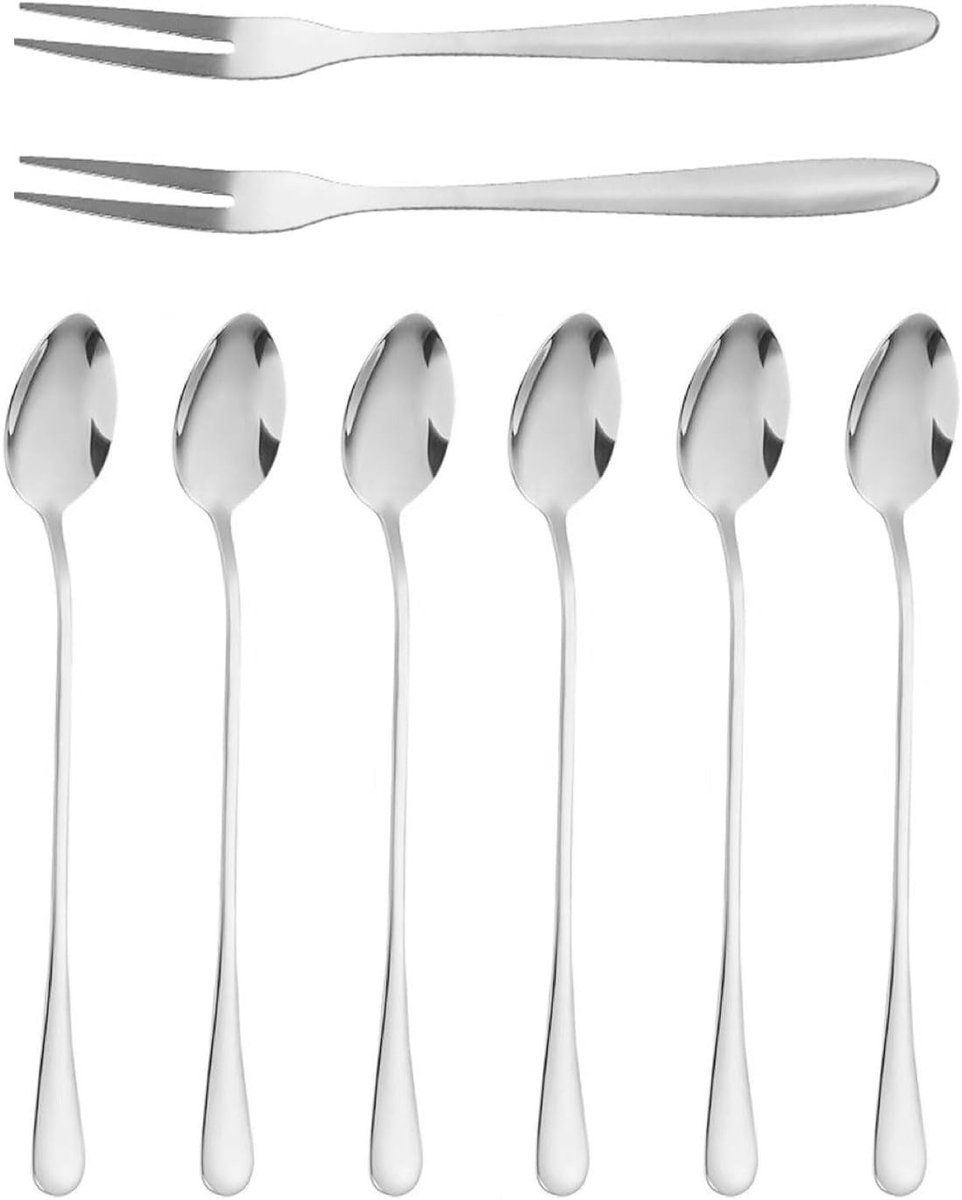 Set van 8 fruitvorken en lange lepel voor latte macchiato, ideaal voor ijs, yoghurt en desserts