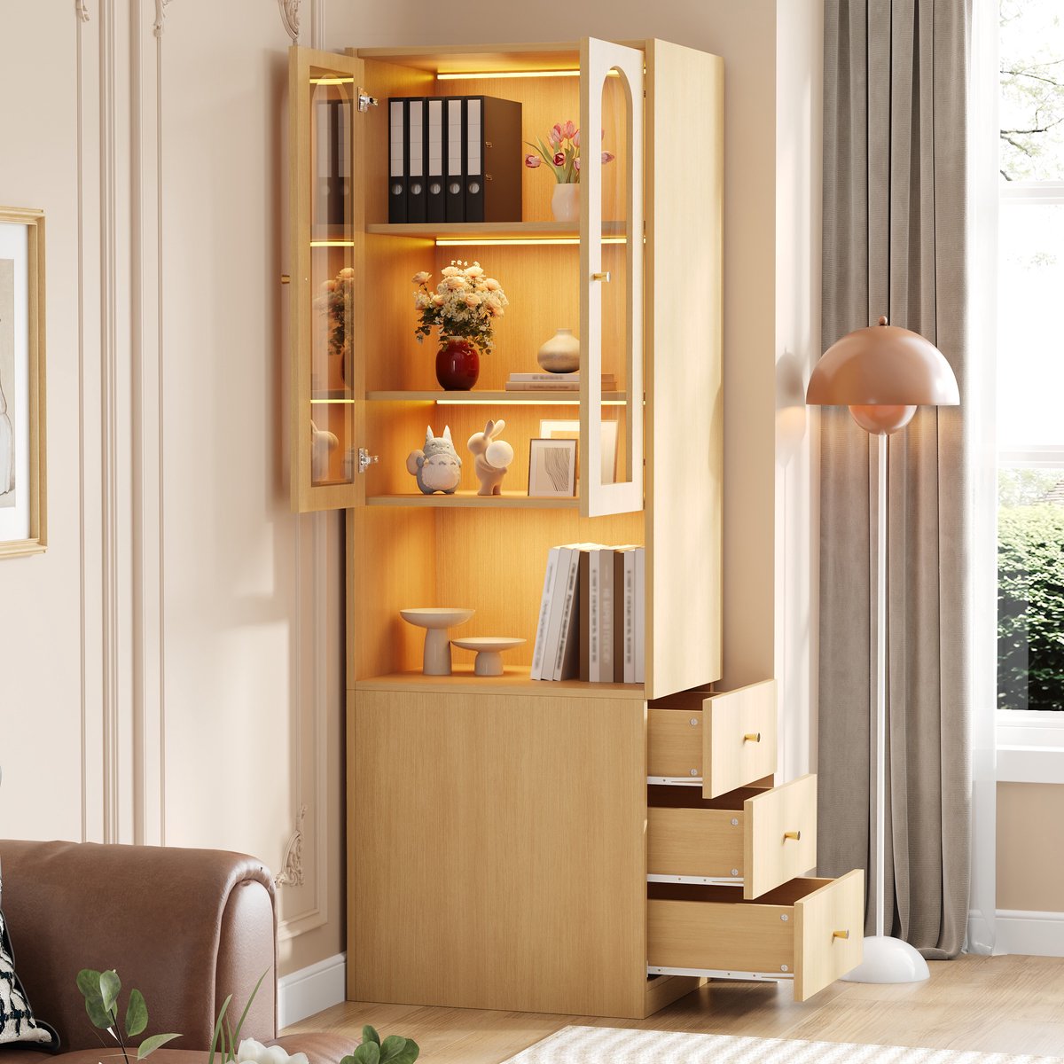 Wishdor Boekenkast met vitrinekast - LED-verlichting en gehard glas - links/rechts omkeerbaar - MDF - eiken - 60 x 40 x 200 cm