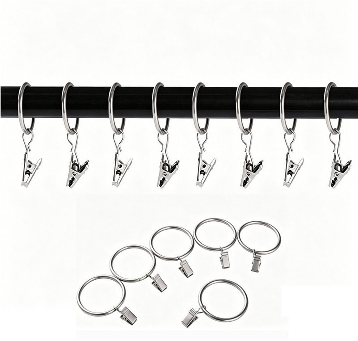Gordijnringen, gordijnringen met ringen, 30 stuks per verpakking, metalen gordijnringen, gordijnclips