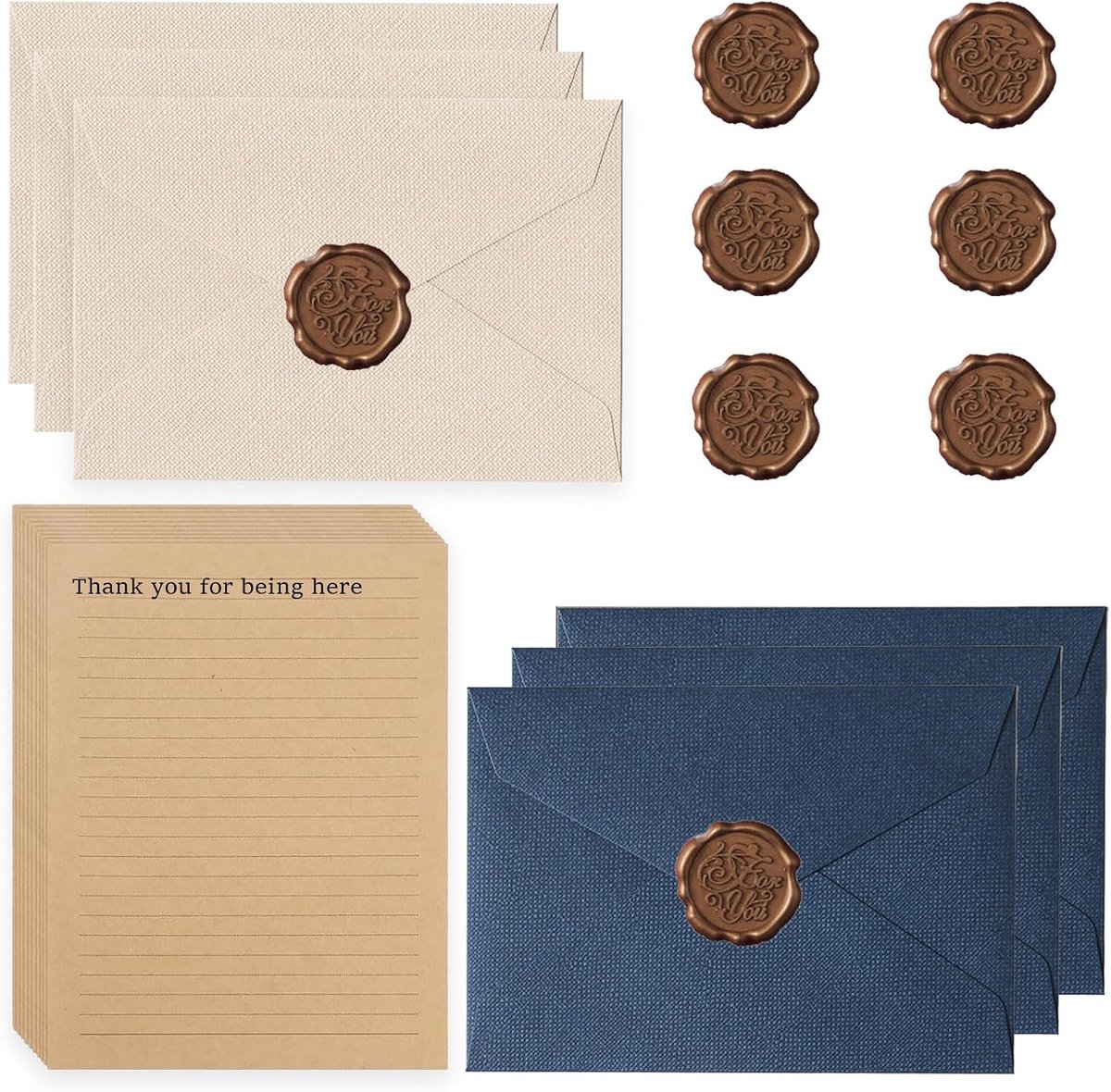 Set van enveloppen en briefpapier met linnenstructuur – Vintage papier – Vintage enveloppen – Kraftpapier – 6-delige set – Wit & Blauw
