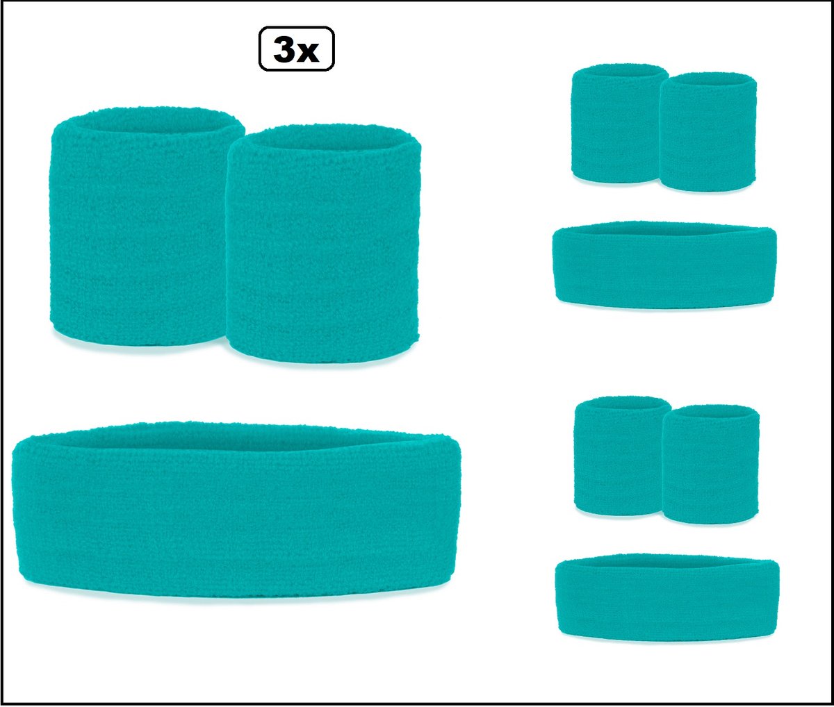 3 stuks Zweetband set aqua blauw 3-dlg - Merk Partyxplosion - Carnaval sport zweetband thema feest optocht festival