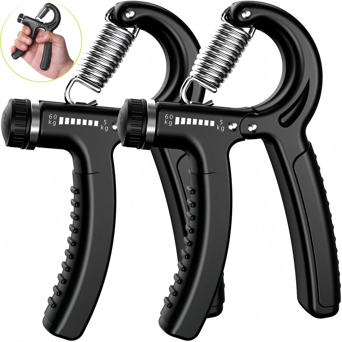 2 stuks - verstelbare handtrainer - handknijper - griptrainer - onderarm trainer - instelbare weerstand 5–60 kg - pp-materiaal - geschikt voor thuisfitness, sporttraining, revalidatie, dagelijks krachtopbouw - zwart