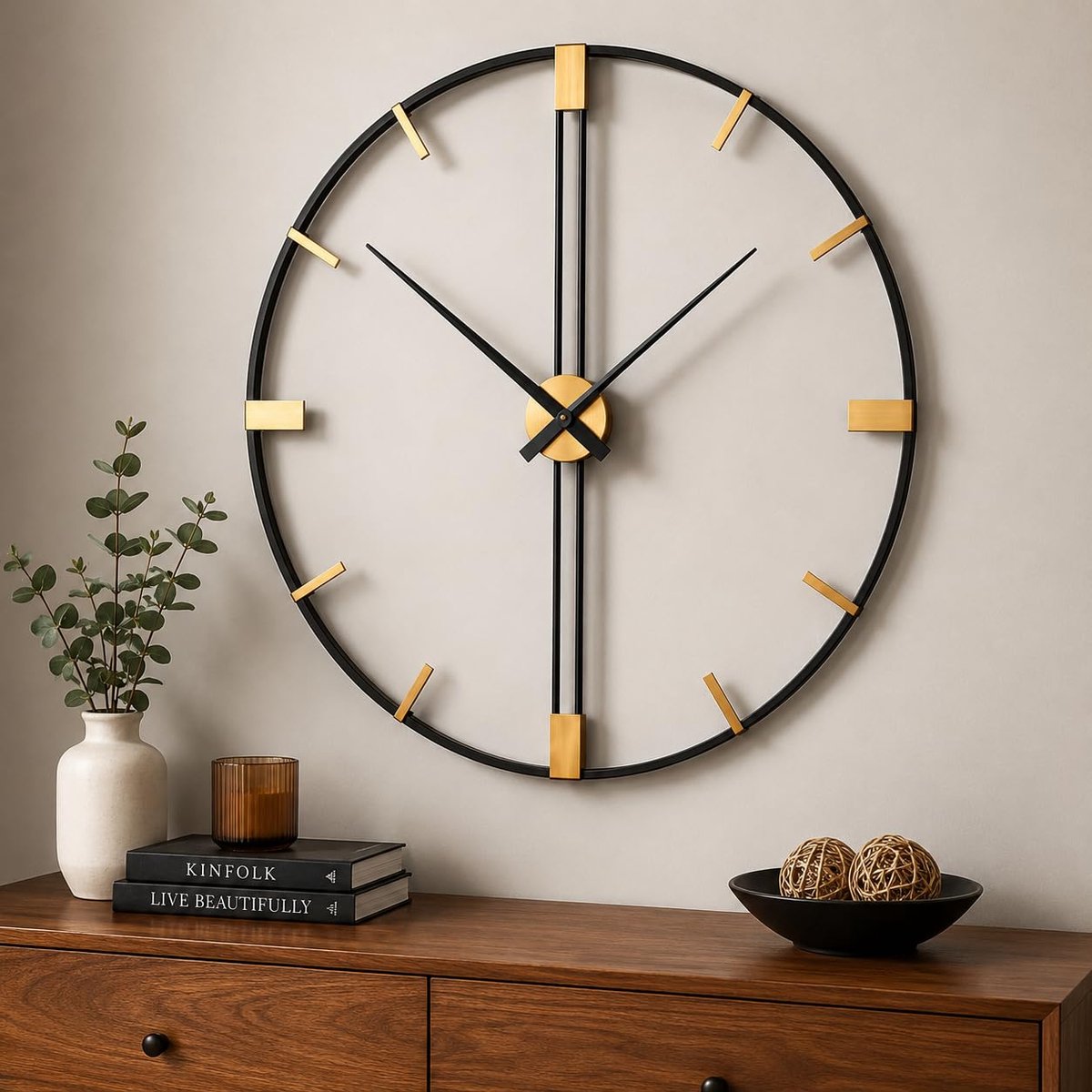 Wandklok 60cm zwart & goud - metalen open frame - stille moderne uitstraling - perfect voor elk interieur - ShopVlot
