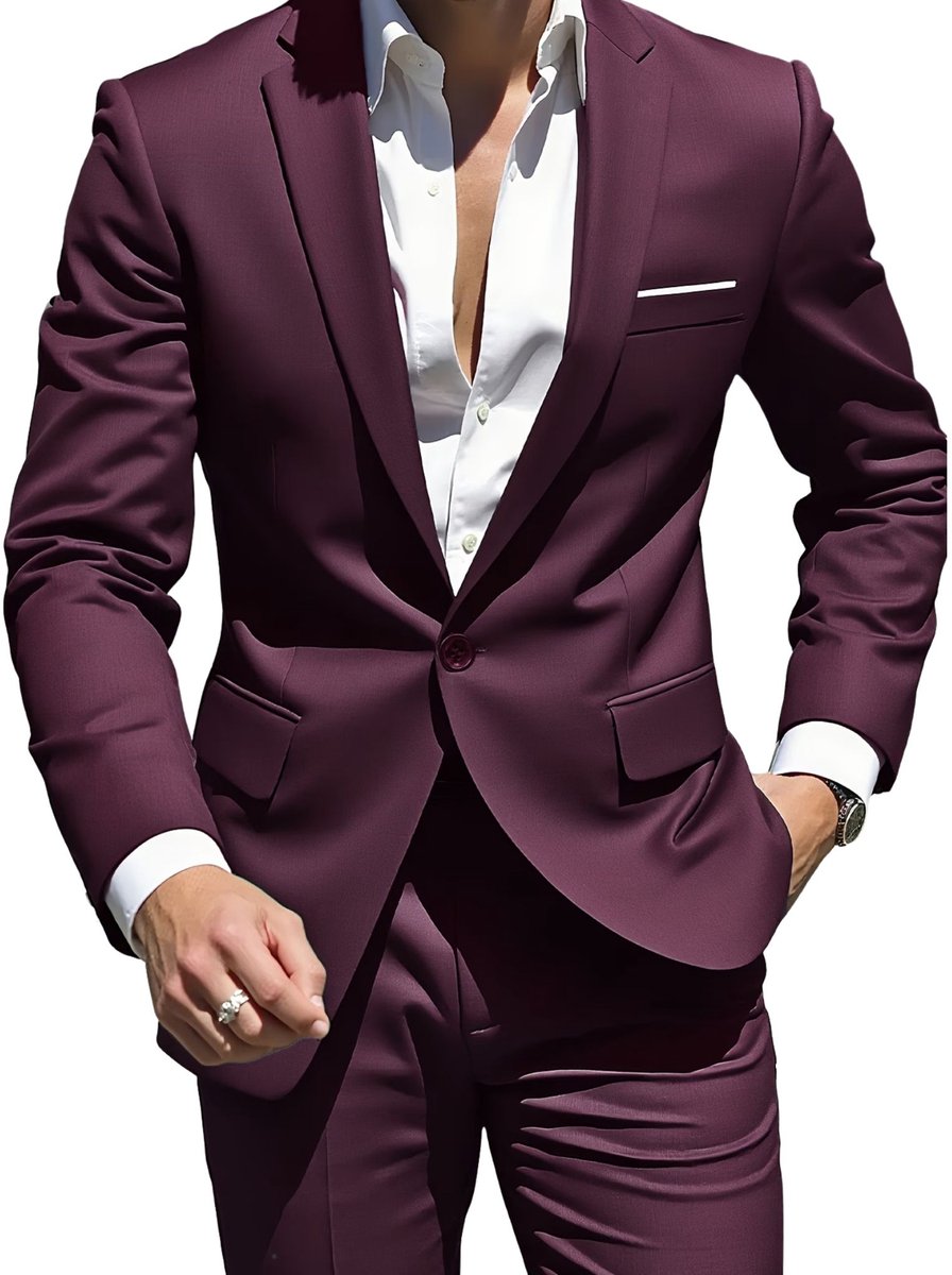 Currero 3 Delig Herenpak Met Overhemd - Suit 2 Delig - Tailored Fit Kostuum - Business Pak - Trouwpak - Smoking - Tuxedo Stijl - Bruiloft, Kantoor & Feest - Donkerrood-a M