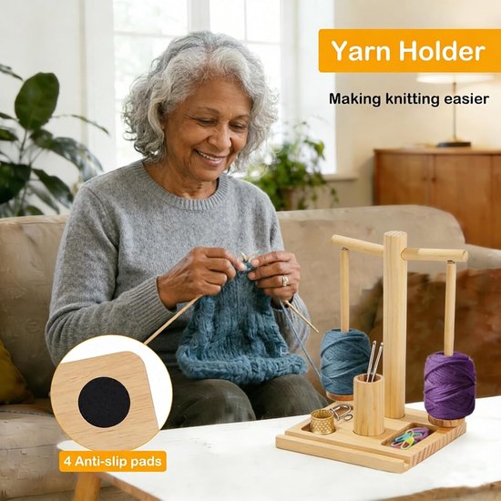 Houten Wolhouder voor Breien en Haken, Draaibare Woldispenser met Magnetische Functie, Inclusief Telefoonhouder en Naaldopslag, Perfect Cadeau voor Creatieve Handwerkers — afbeelding 2
