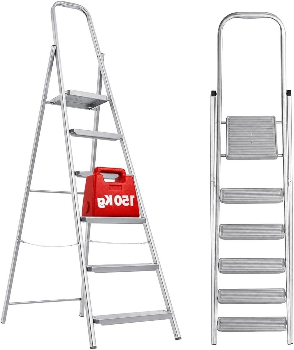 Stalen ladder - Vouwladder - Klus klaren - Met plateau - 6 treden - Zilver