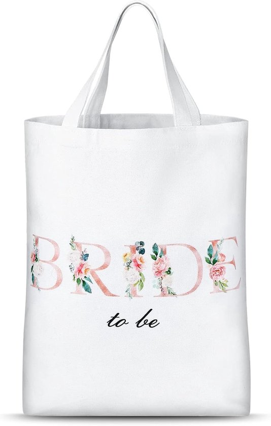 Sac fourre-tout blanc en toile avec le texte 'BRIDE to be' en lettres florales roses.