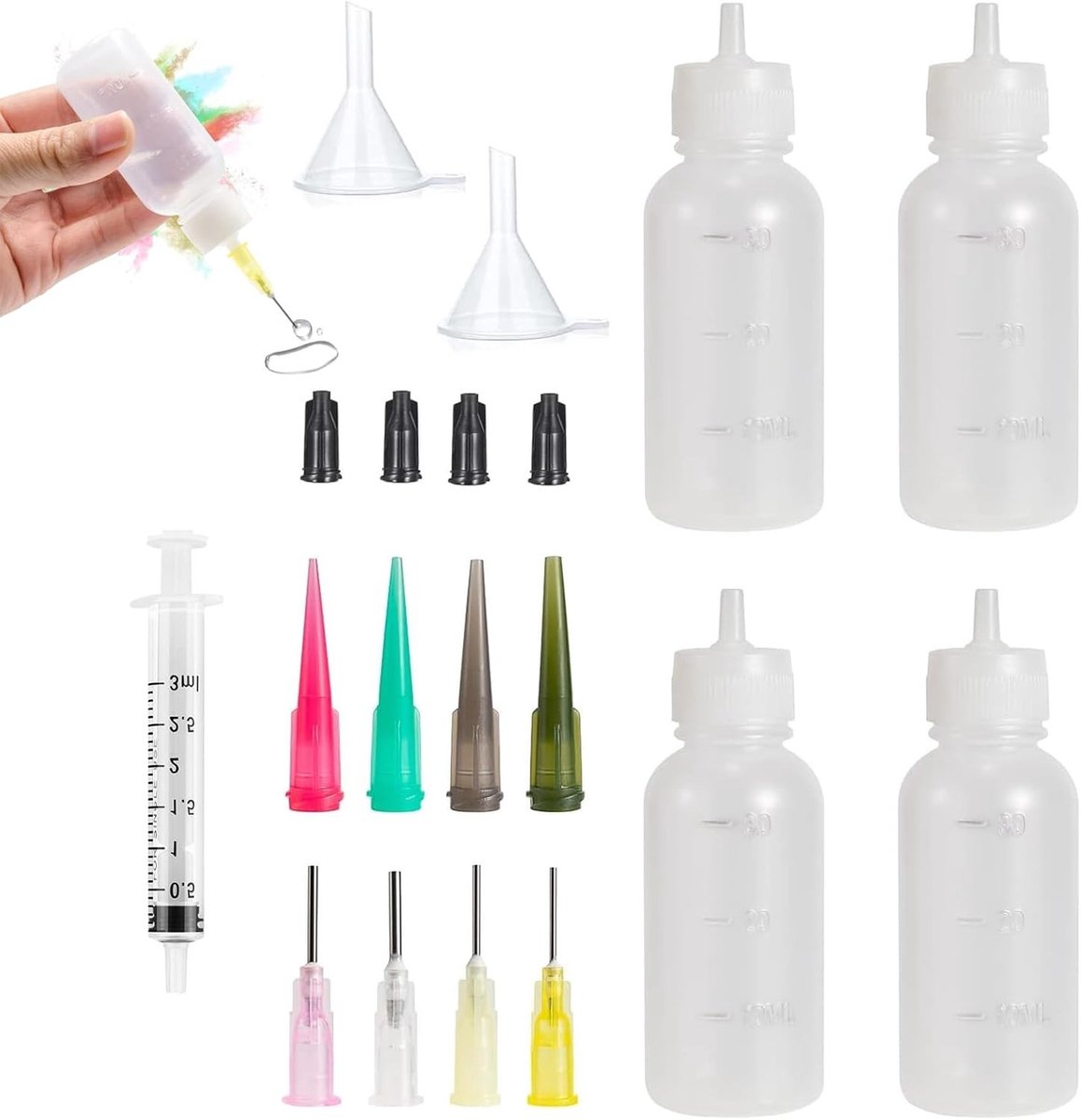 19-delige Set voor Liquid Dispenser - 4 Squeeze Dosing Flessen 30ml, Triangular Monden, Naaldpunten en Syringe voor Precisie Doseren