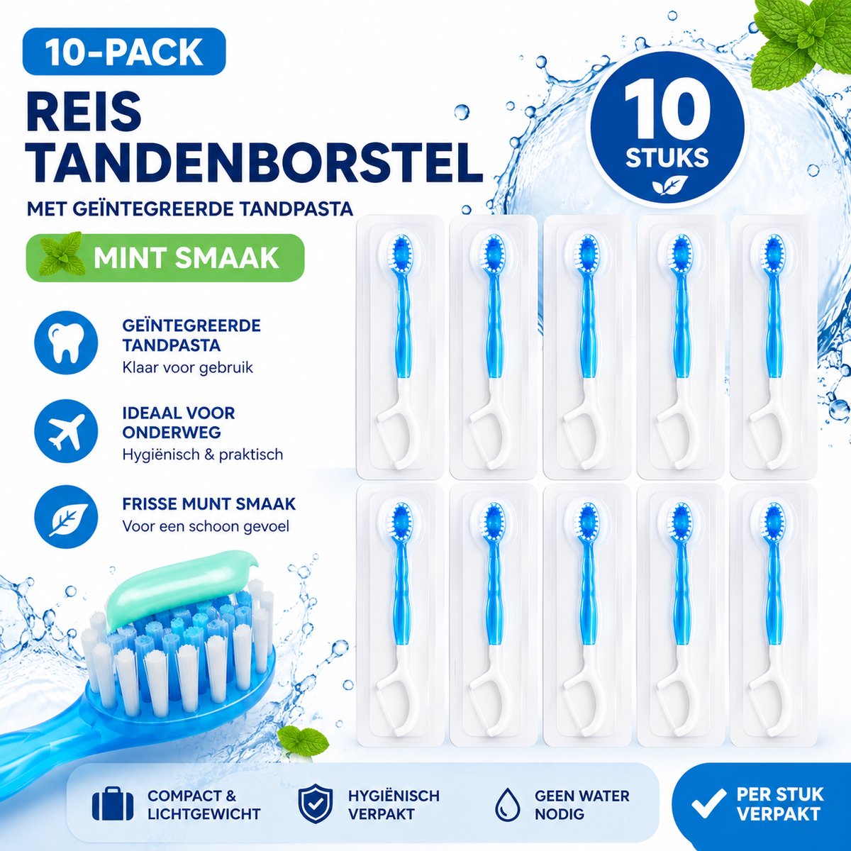 10x Mini Wegwerp Tandenborstel met Geïntegreerde Tandpasta – Mint Smaak – Zonder Water – Individueel Verpakt – Blauw – 3-in-1 Mondverzorging