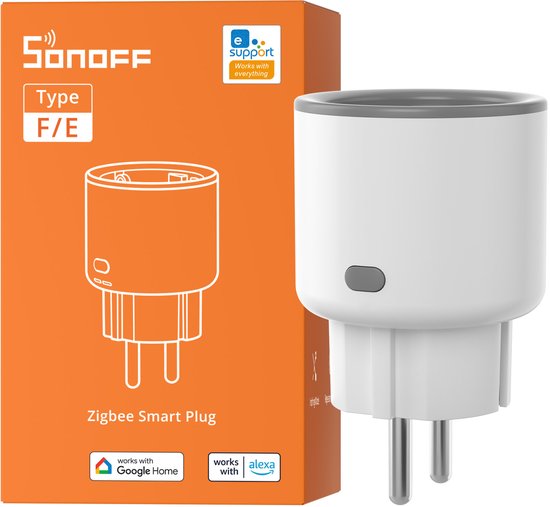 Sonoff Zigbee smart plug type F/E in witte behuizing met oranje verpakking.