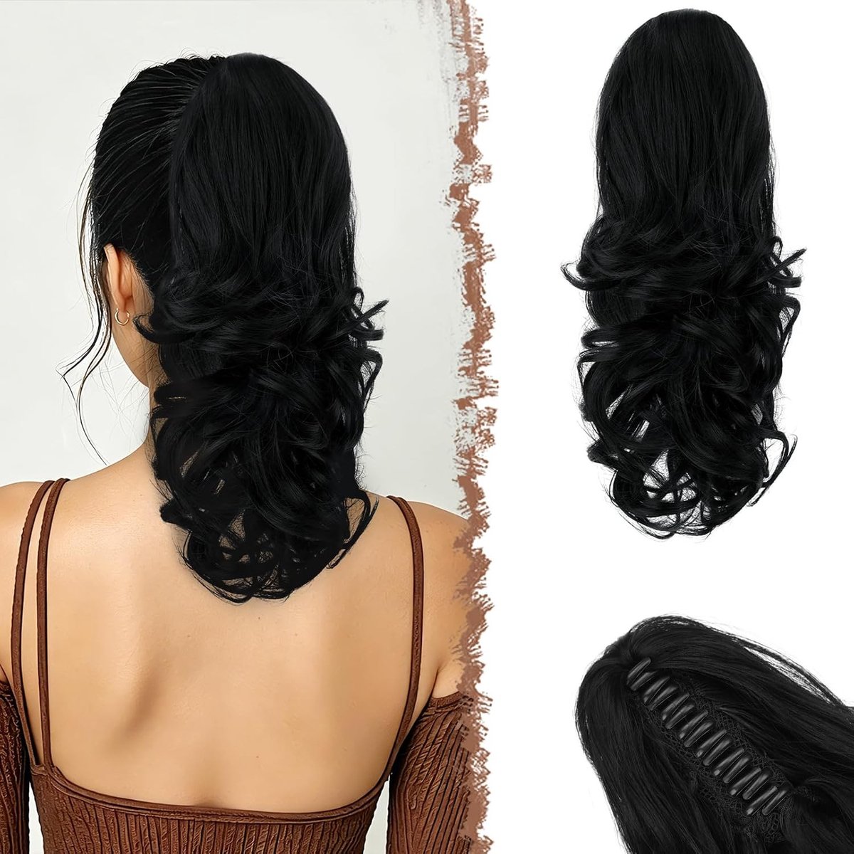 Ponytail Extensions met Klem, 35cm Zwart Krullend Golvend Synthetisch Haaraccessoire voor Vrouwen - Perfect voor Feestjes en Dagelijks Gebruik