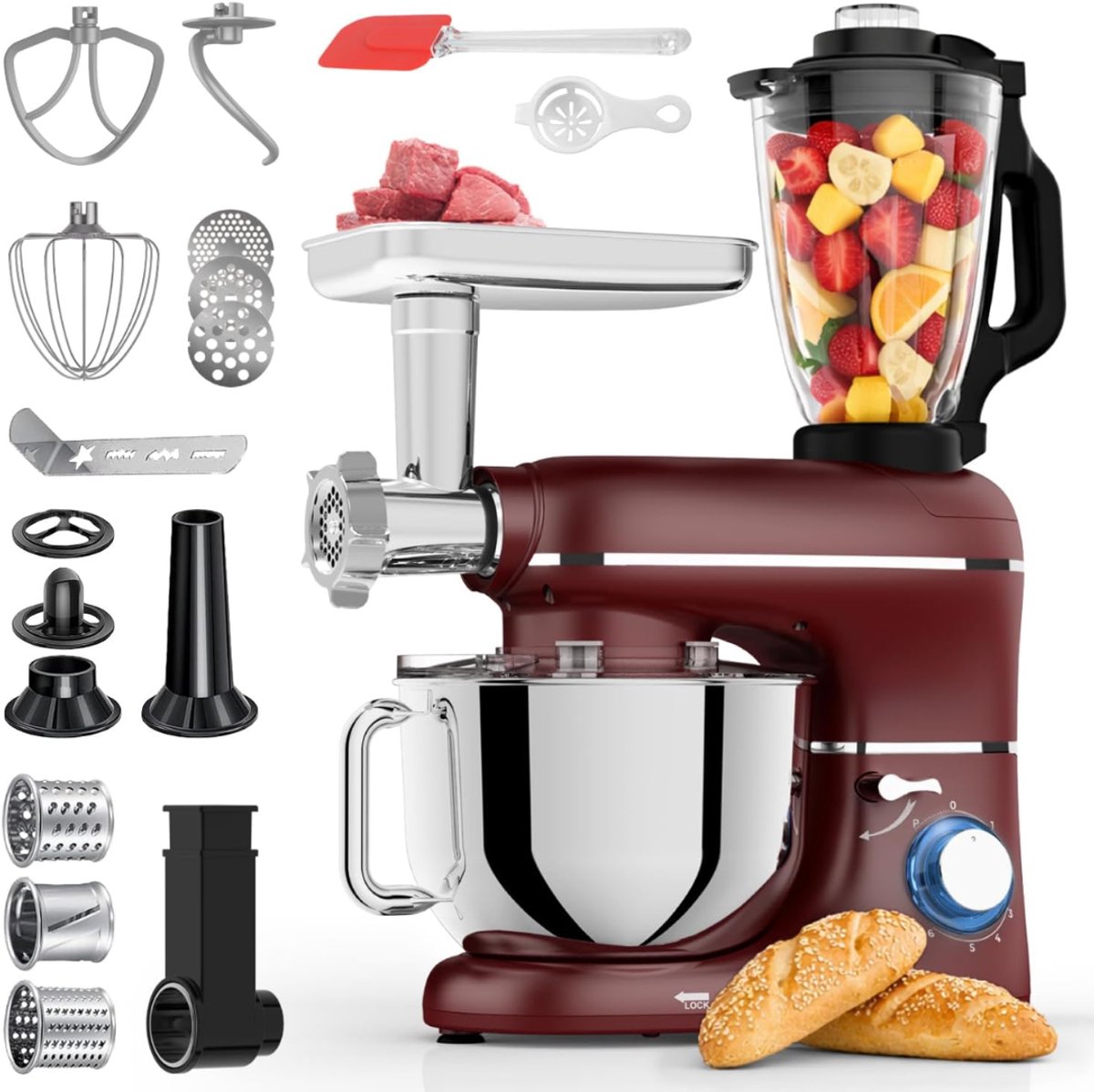 Lìon® Keukenmachine - Foodprocessor - Gehaktmolen - Vleesmolen - Rood - 38cm x 24cm x 32cm