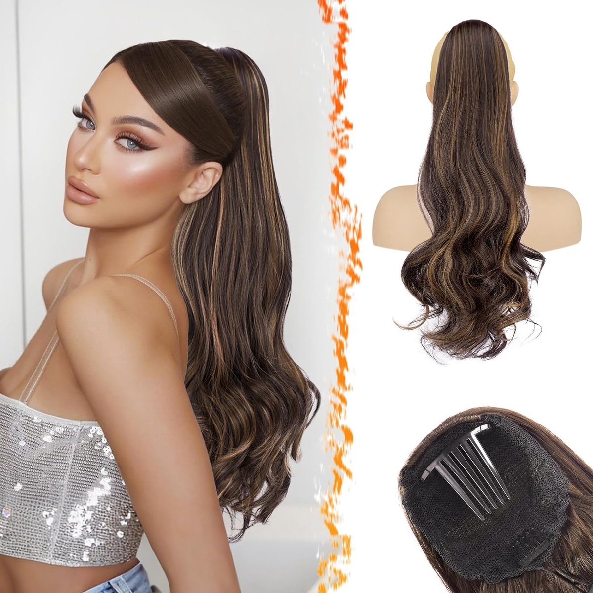 Ponytail Extensions Donkerbruin met Trekkoord, 50cm Golvende Clip-in Haarstuk voor Vrouwen, Natuurlijke Uiterlijk en Hoogtepunten voor een Stijlvolle Look