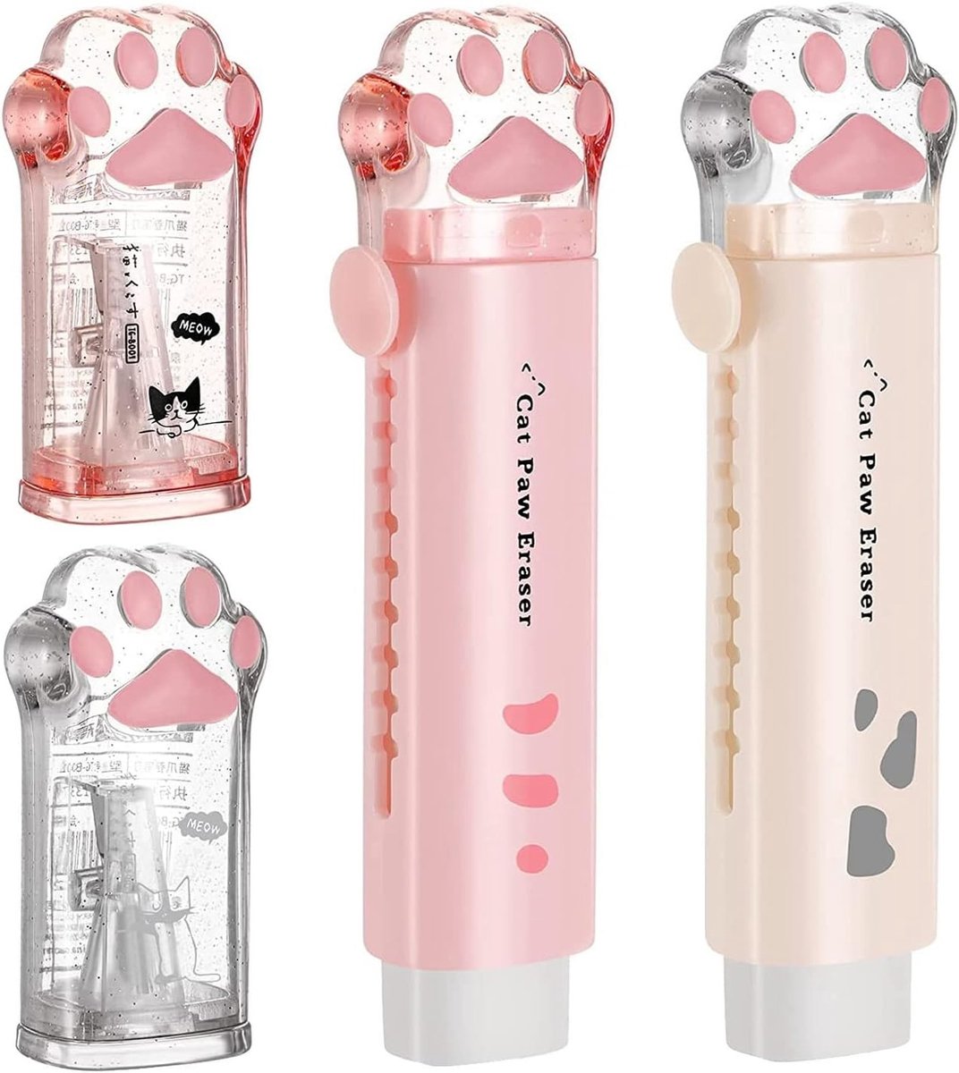 Schattige kattenpootpuntenslijper en intrekbare vlakgum, 4 stuks kawaii-schoolbenodigdheden voor kattenliefhebbers