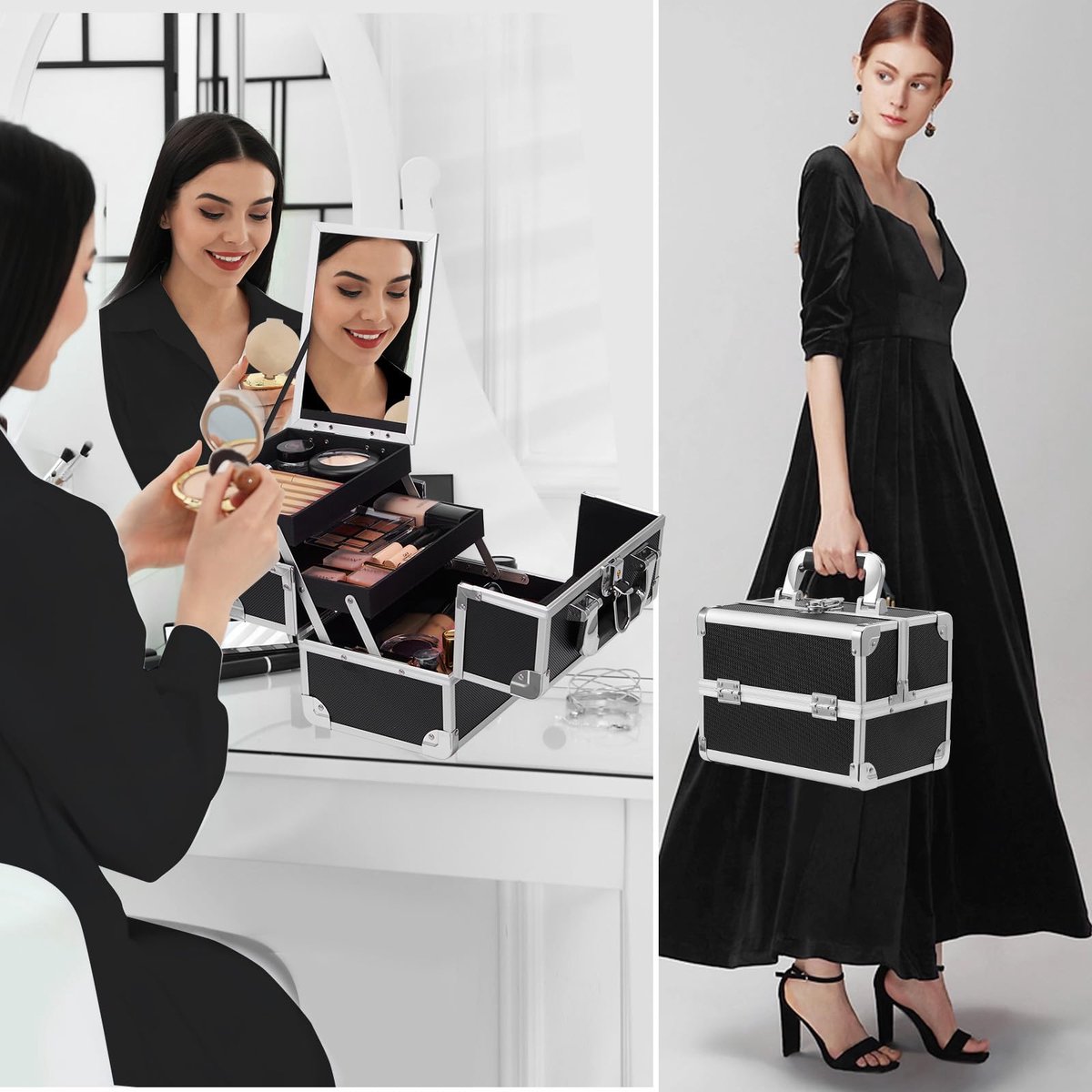 Make-up tas met spiegel M - zwart - afsluitbaar - multifunctioneel voor beautyproducten - ShopVlot