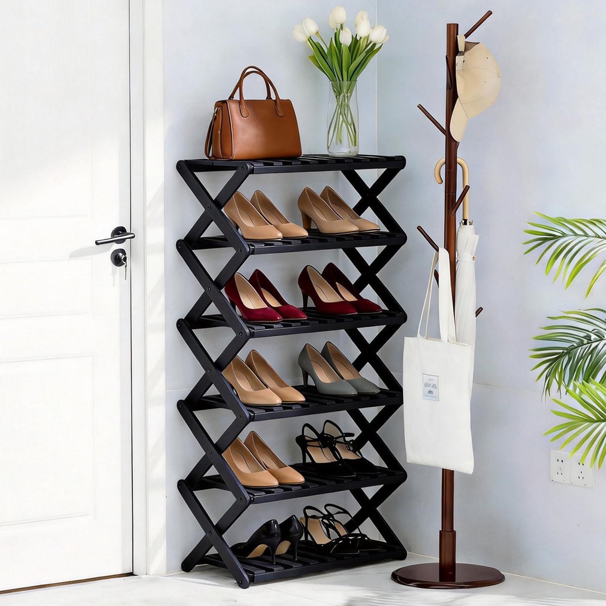 Schoenenrek 6 niveaus - bamboe zwart - draagbaar opbergrek - perfect voor kleine ruimtes - ShopVlot