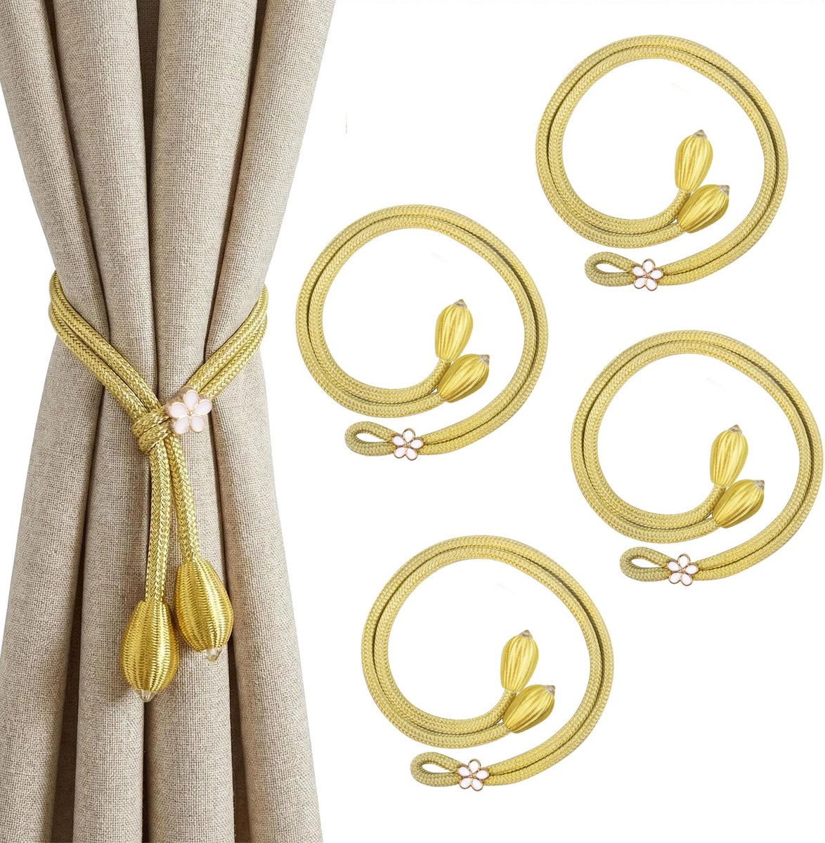 Gordijnhouders 4 Stuks Bloem - Gevlochten Gouden Touw - Elegante Moderne Stijl - Perfect voor Woonkamer - ShopVlot