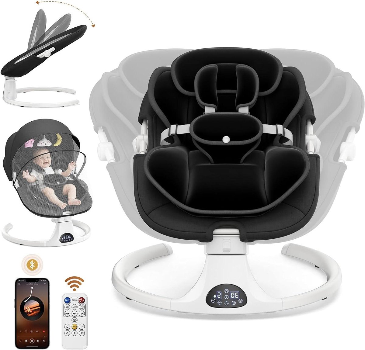 Elektrische Babywip - Babyschommel - Baby Kalmeren - 5 Schommelmodi - Tot 9 kg - Zwart