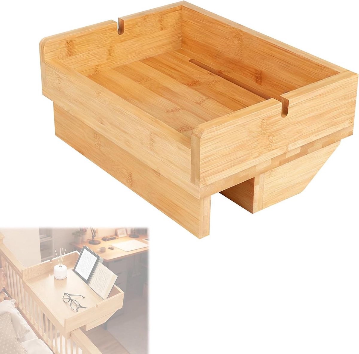 Nachtkastje Zwevend - Bedtafel - Opbergen Bed - Met Kabelgeleider - 33 x 24 cm - Natuurlijk Bamboe