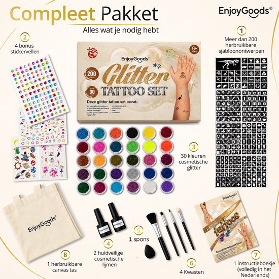 Compleet glitter tattoo pakket met 30 kleuren glitters, 200+ sjablonen, 4 bonus stickers, 2 lijmen, 1 spons, 4 kwasten, 1 tas en 1 instructieboekje.
