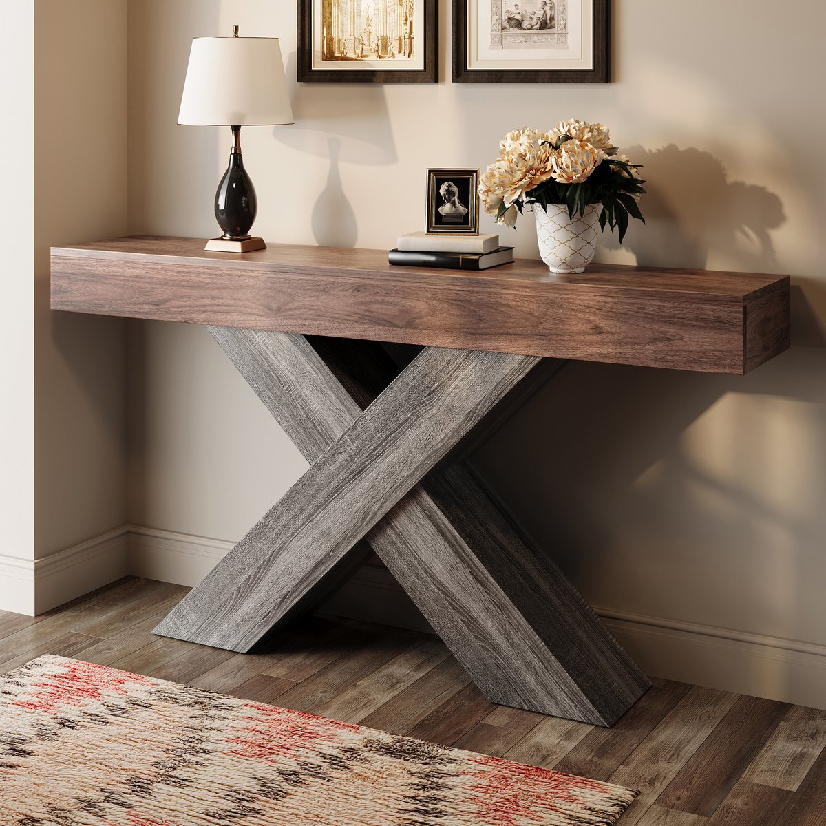 Wishdor Sidetable - X-poot - Industrieel smal ontwerp voor hal, woonkamer en trapopgang - Walnoot bewerkt hout - Rechthoekig - 140 x 30 x 80 cm
