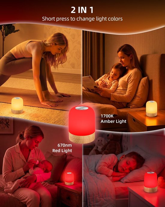 Oplaadbaar 670nm Rood & 1700K Amber Bedlampje - Afstandsbediening, Timer, Geheugenfunctie, Dimbaar Blauwlicht Filterend Slaaplicht — afbeelding 4