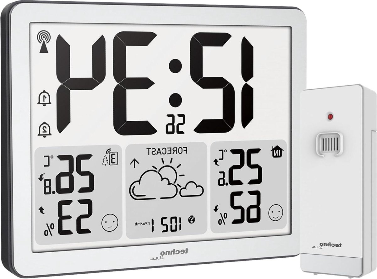 Weerstation Klok - Binnen Buiten - Weersvoorspelling Meten - Radiotijd Instelling - 173 x 140 mm - Zilver Zwart