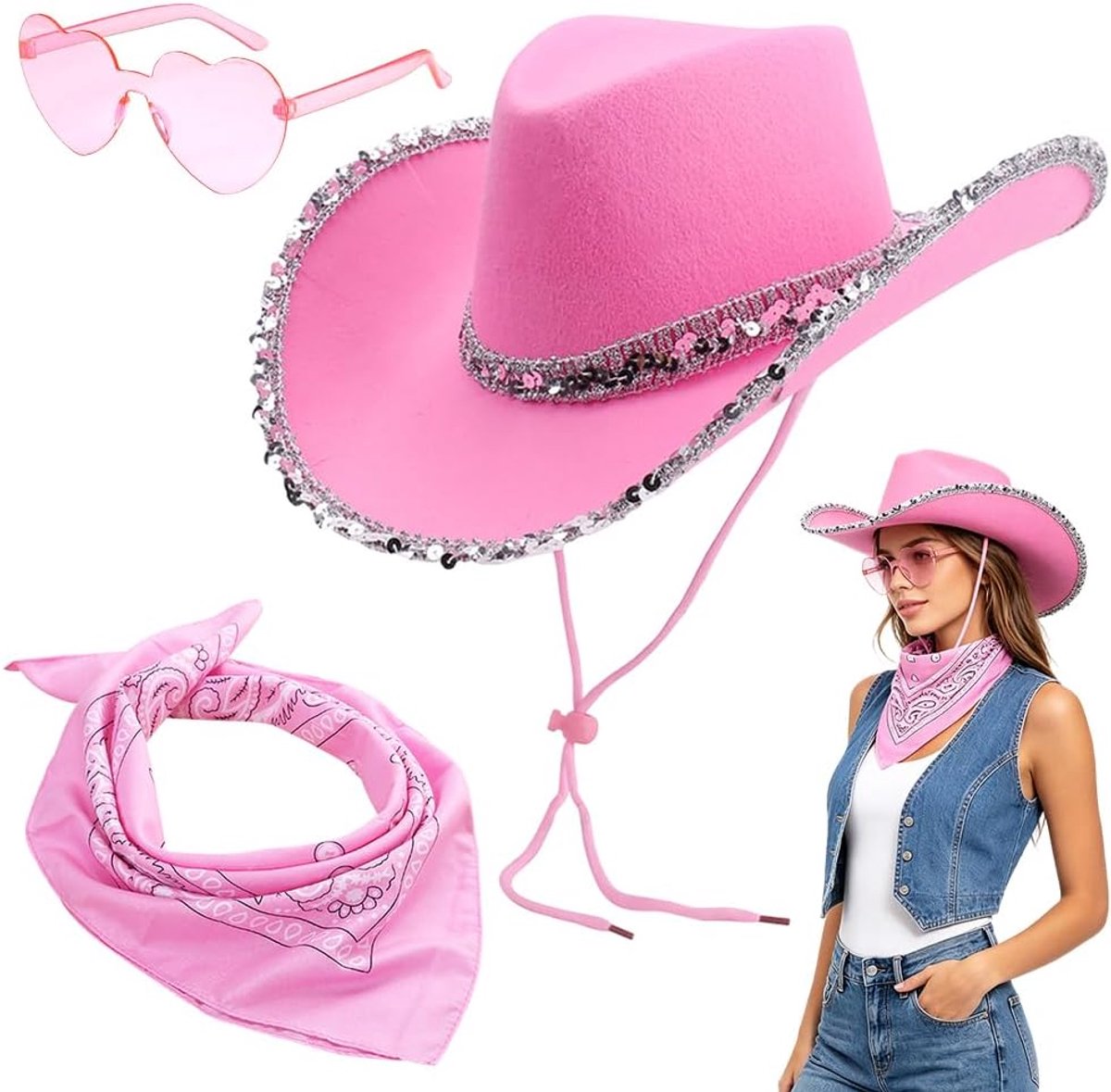 3-delige cowboyhoedset, westerse cowboyaccessoires, met cowboyhoeden, brillen, bandana's, voor gemaskerd bal - ShopVlot
