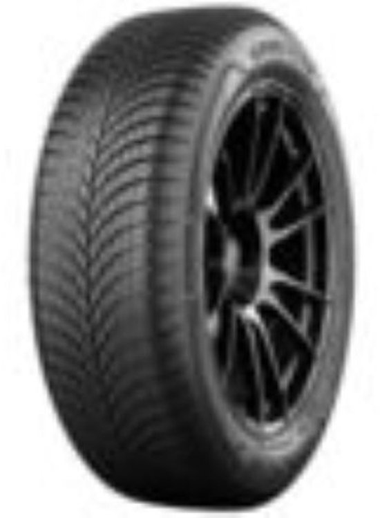 Zwarte Goodyear autoband met een V-profiel, gemonteerd op een zwart lichtmetalen velg.