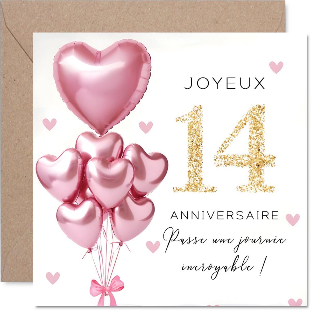 Verjaardagskaart 14 Jaar - Vierkant 145 mm - Ballonnen in Roze en Goud - Perfect voor een feestelijk moment - ShopVlot