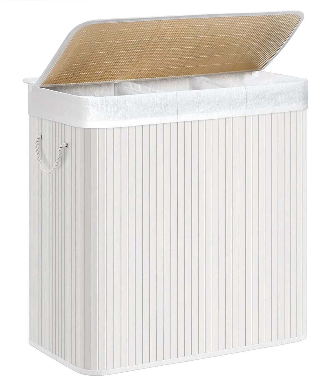Wasmand Wasgoedmand Opbergmand 60 x 40 x 61,5 cm Wit 150L grote capaciteit met drie vakken en afneembare wasbare binnenzak deksel en handgrepen opvouwbaar en ruimtebesparend geschikt voor wasruimte slaapkamer en badkamer